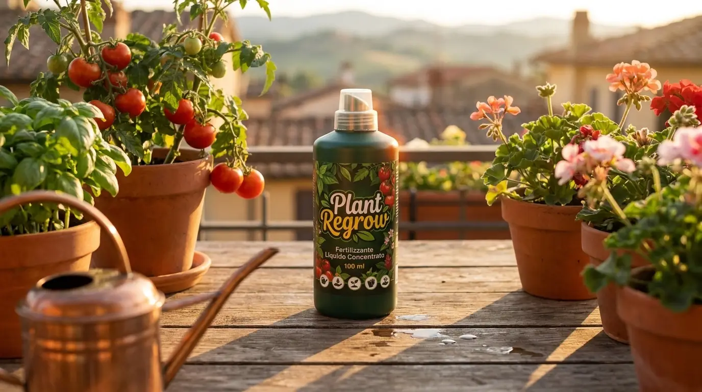 Balcone rigoglioso con orto e fiori nutriti con Plant Regrow